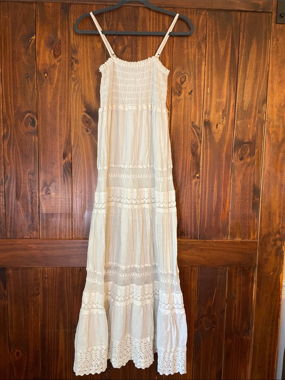 Boho Lace-Tier Cream 100% Cotton Maxi Dress with Smocked Bodice and Lace